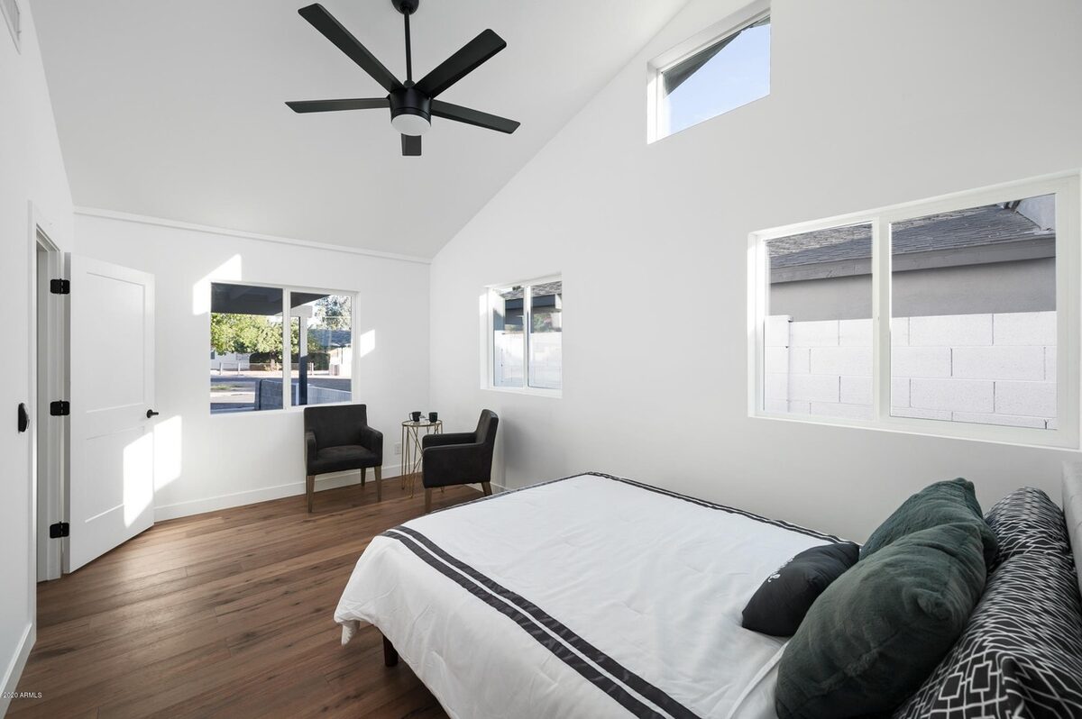White vinyl replacement windows in a Phoenix bedroom
